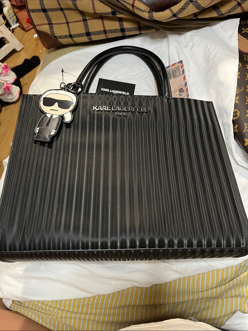 Karl Lagerfeld Black Ribbed Tote with Karl Charm Accent